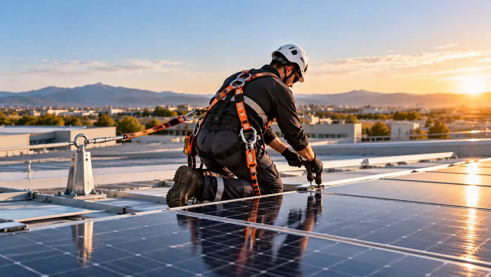 Operario con arnés y línea de vida instalando placas solares en una cubierta
