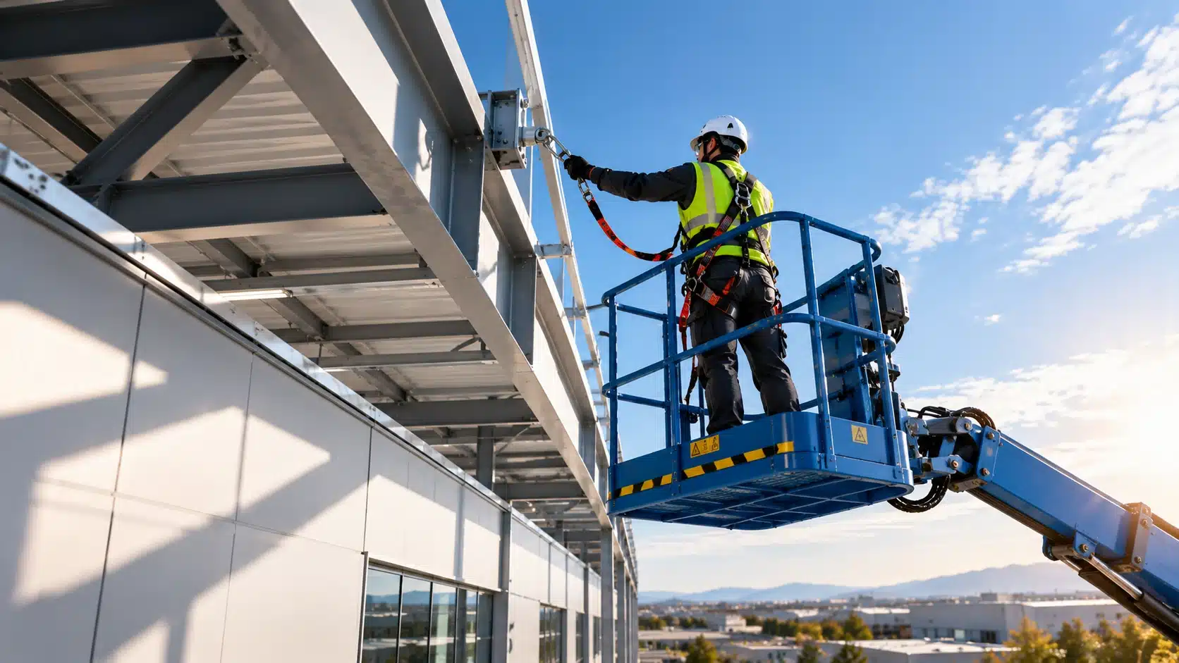 Técnico de Élite Seguridad trabajando en altura con plataforma elevadora